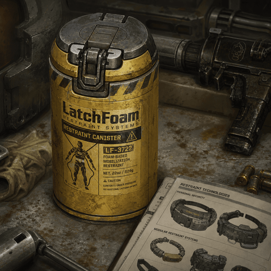 LatchFoam restraint canister — yellow industrial label