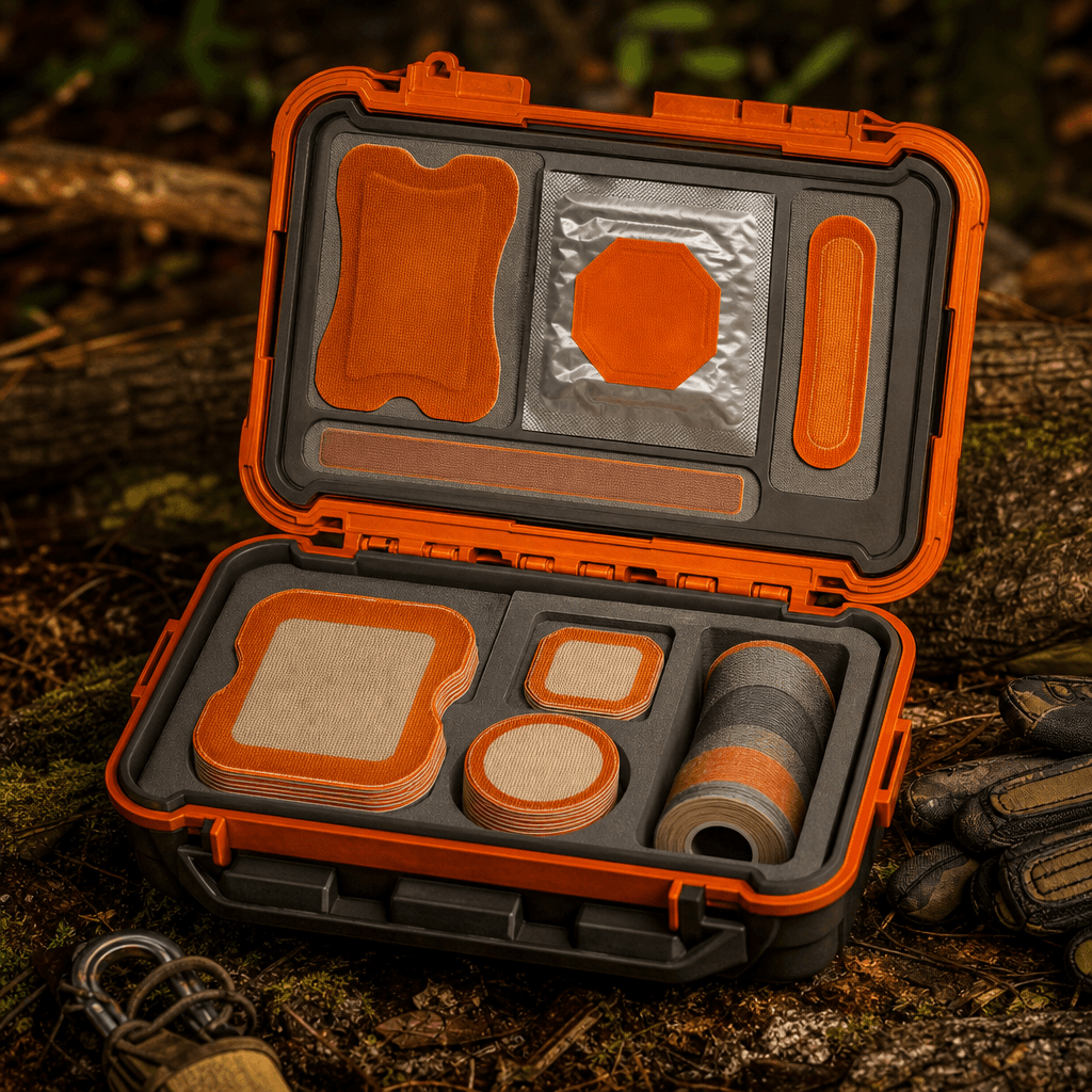 Trauma seal patch kit in orange clamshell