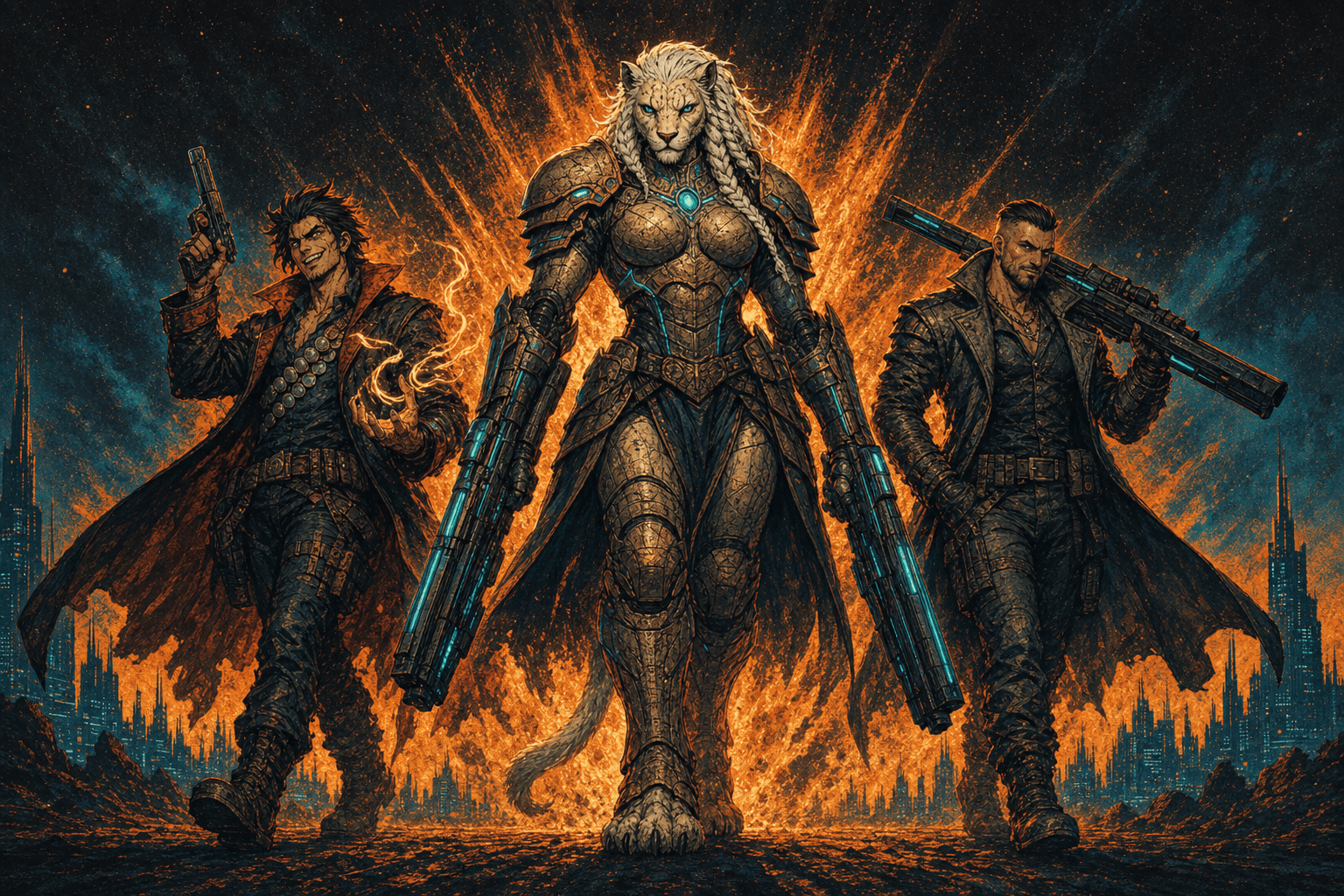 The crew — Talyra the towering Karthunai warrior flanked by Elias the mage and Ivan the null sniper, walking out of a cosmic fireburst