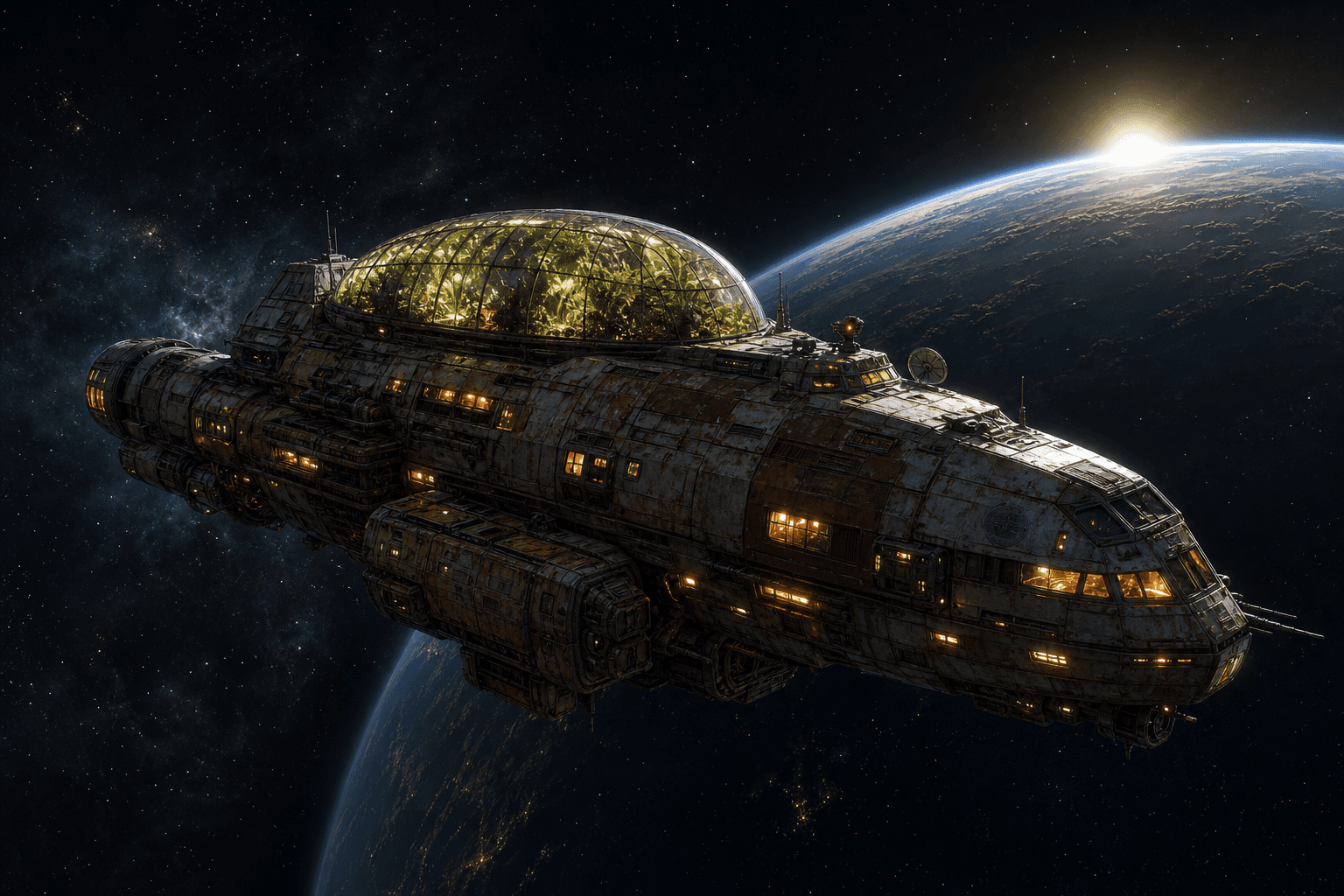 The Verdigris — a patched mid-size transport with a glowing greenhouse dome, adrift over a planet