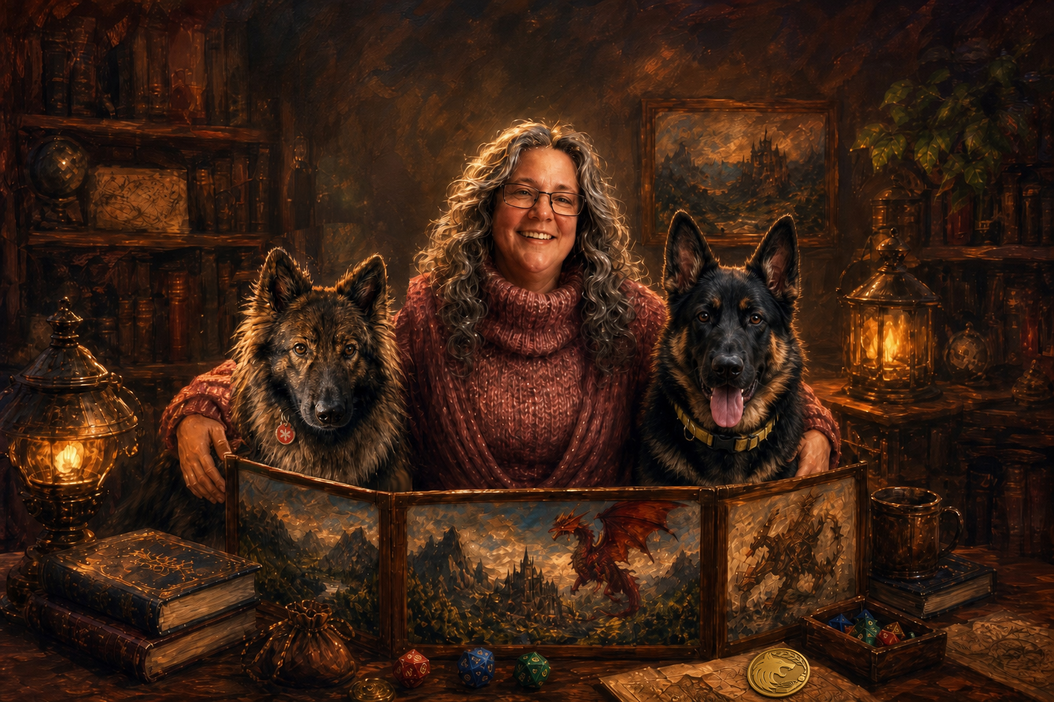 Wendi Coffman-Porter (Rain / Wee) at the GM table with her smaller retiring sable service dog and large black-and-tan German Shepherd