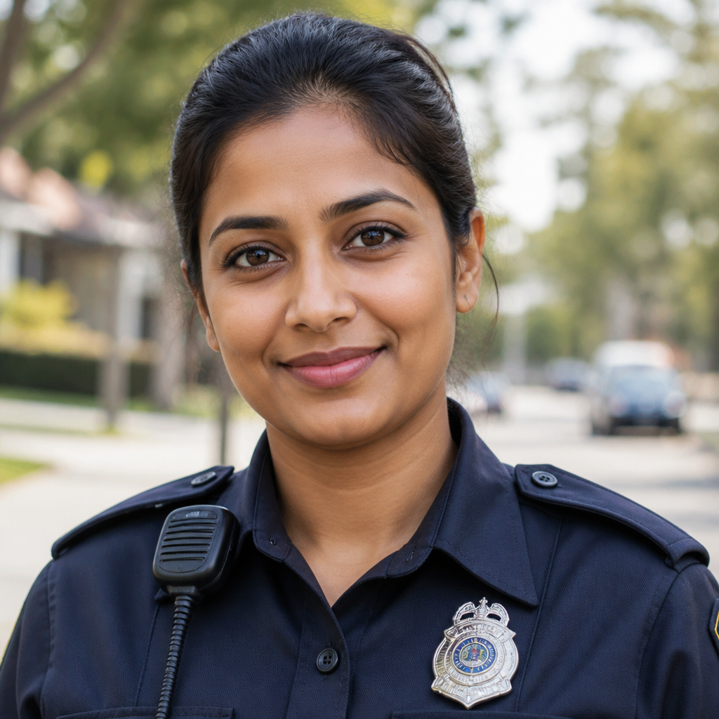 Portrait of fictional Officer Priya Nair