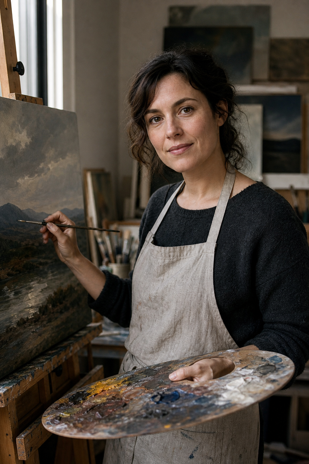 Fictional painter Mira Vale at the easel