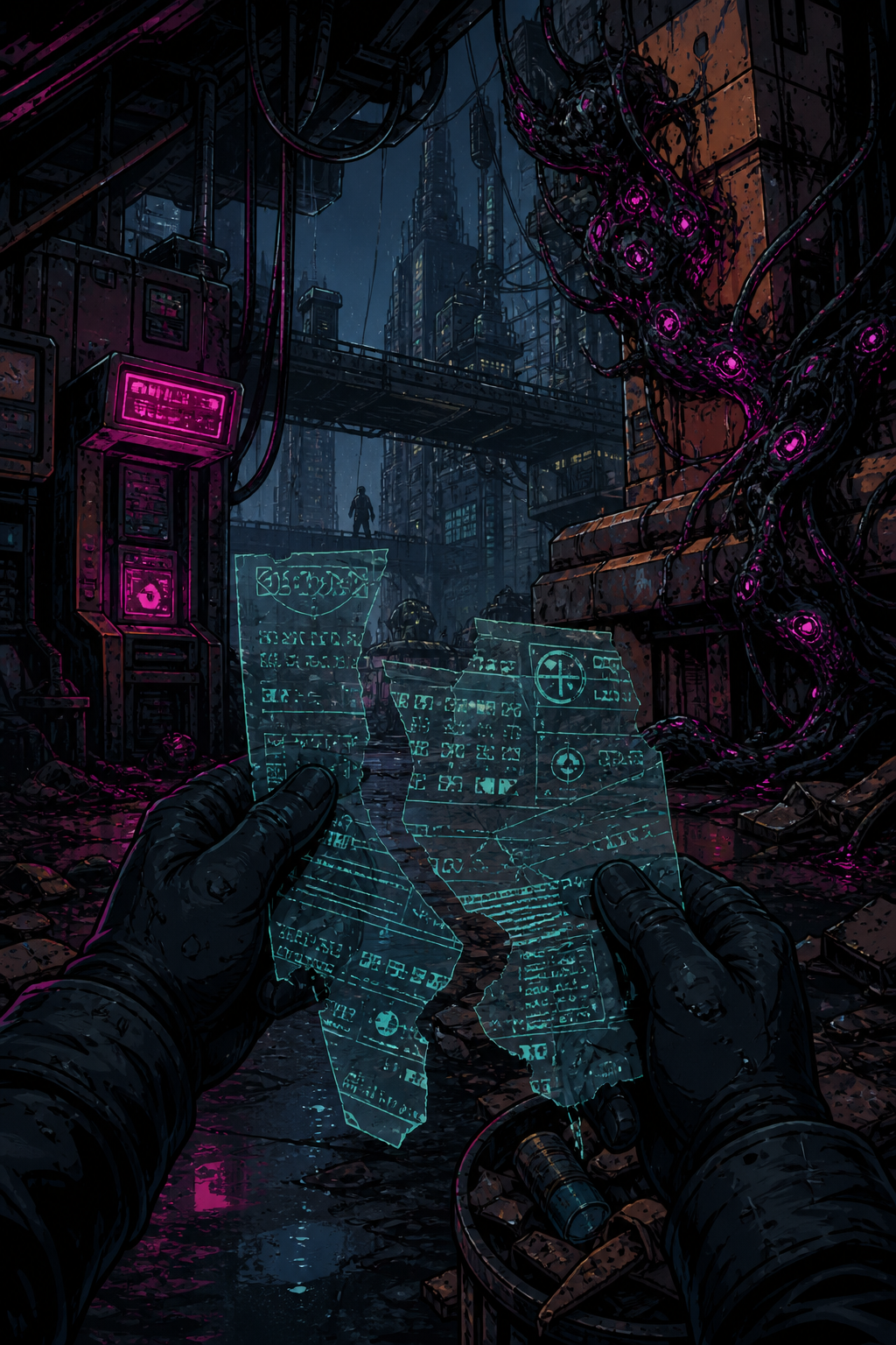 Torn digital manifest hologram over undercity terminal trash light