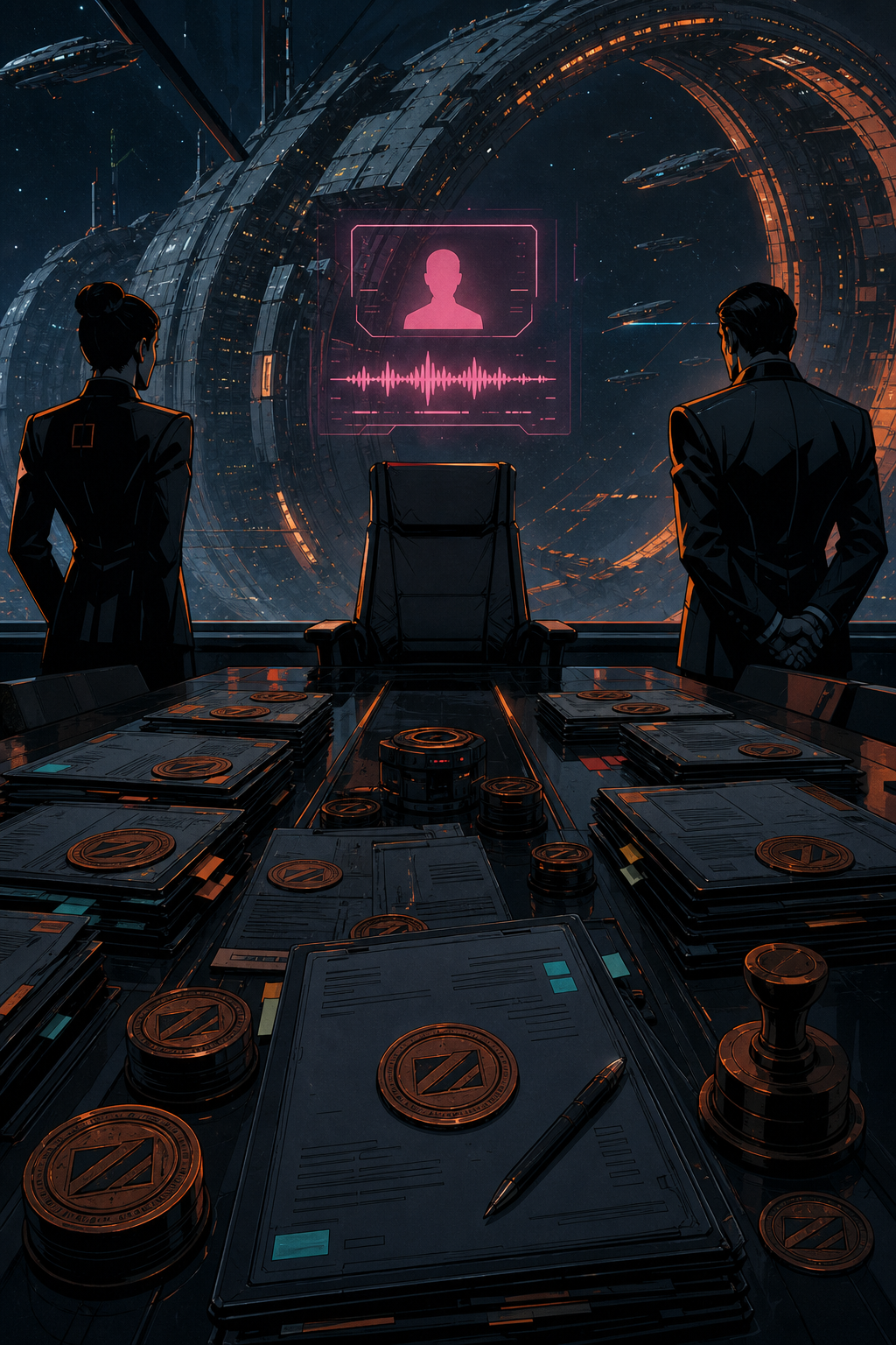 Empty Concord boardroom chair facing a blank CEO hologram and identical filing stacks, transit ring beyond the viewport