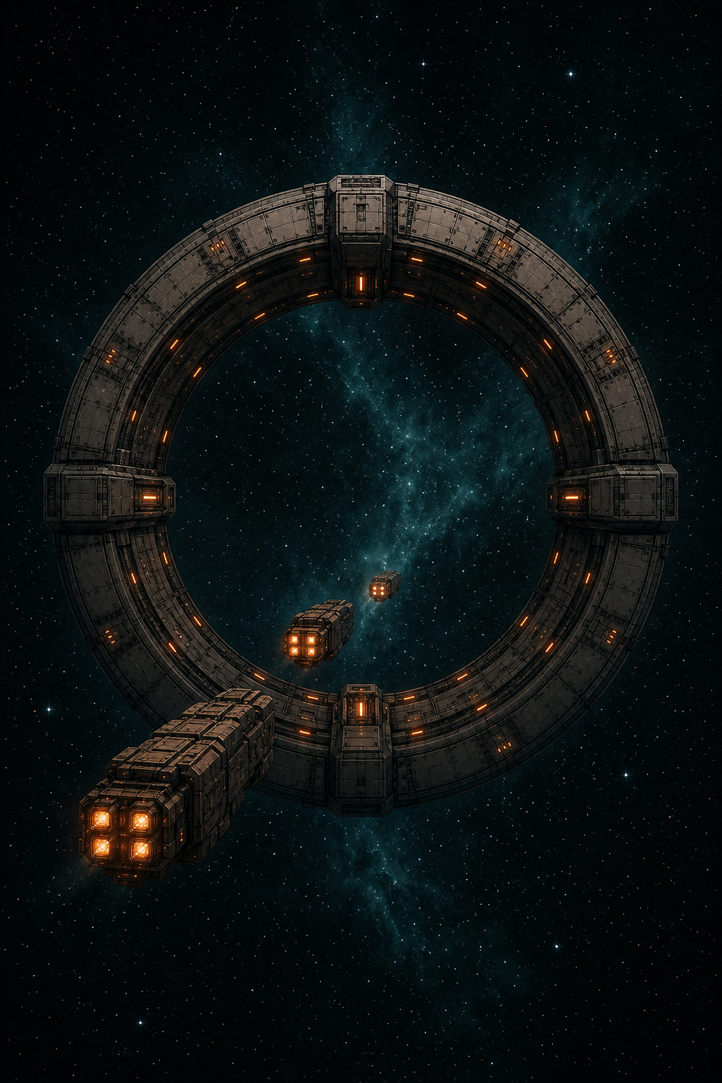 Symmetrical Concord toroidal jump gate in deep space with freighters queued bow-first toward the ring aperture