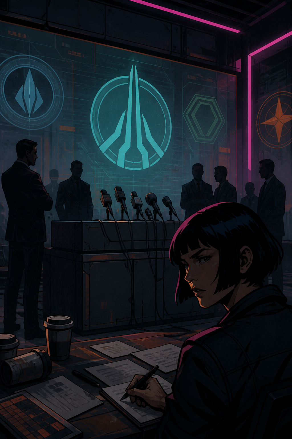 Spire conference room with coalition seal holograms and cold coffee under neon