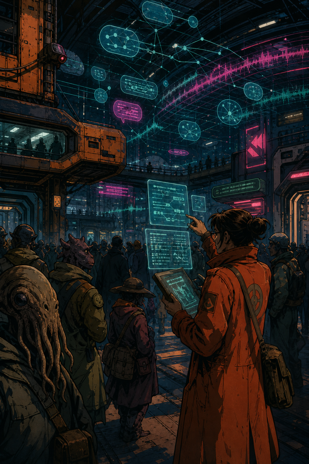 Transit ring concourse with translation mesh holograms and diverse Corridor travelers