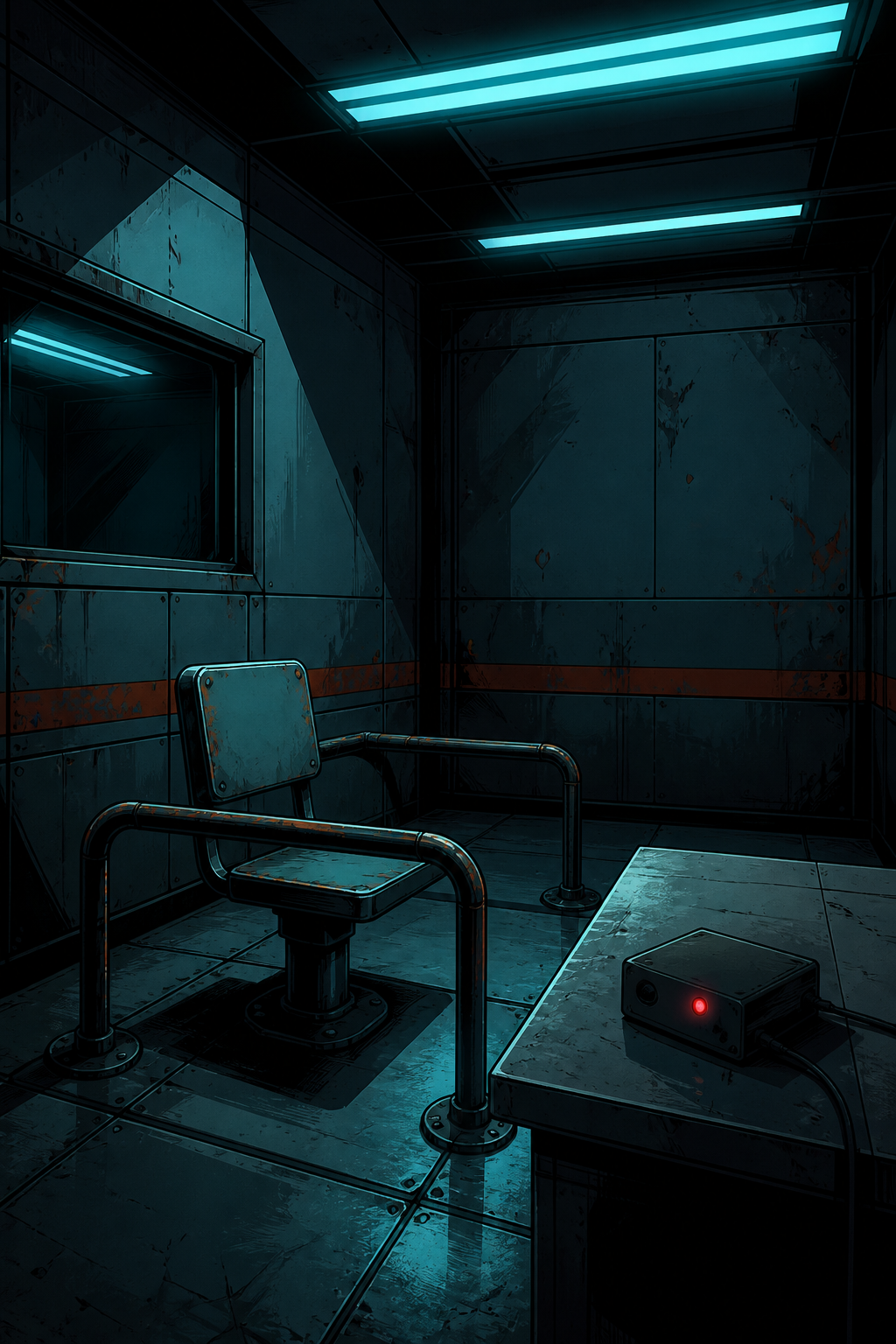 Empty federal interview room under cold strip lights — chair, restraints rail, blank recorder
