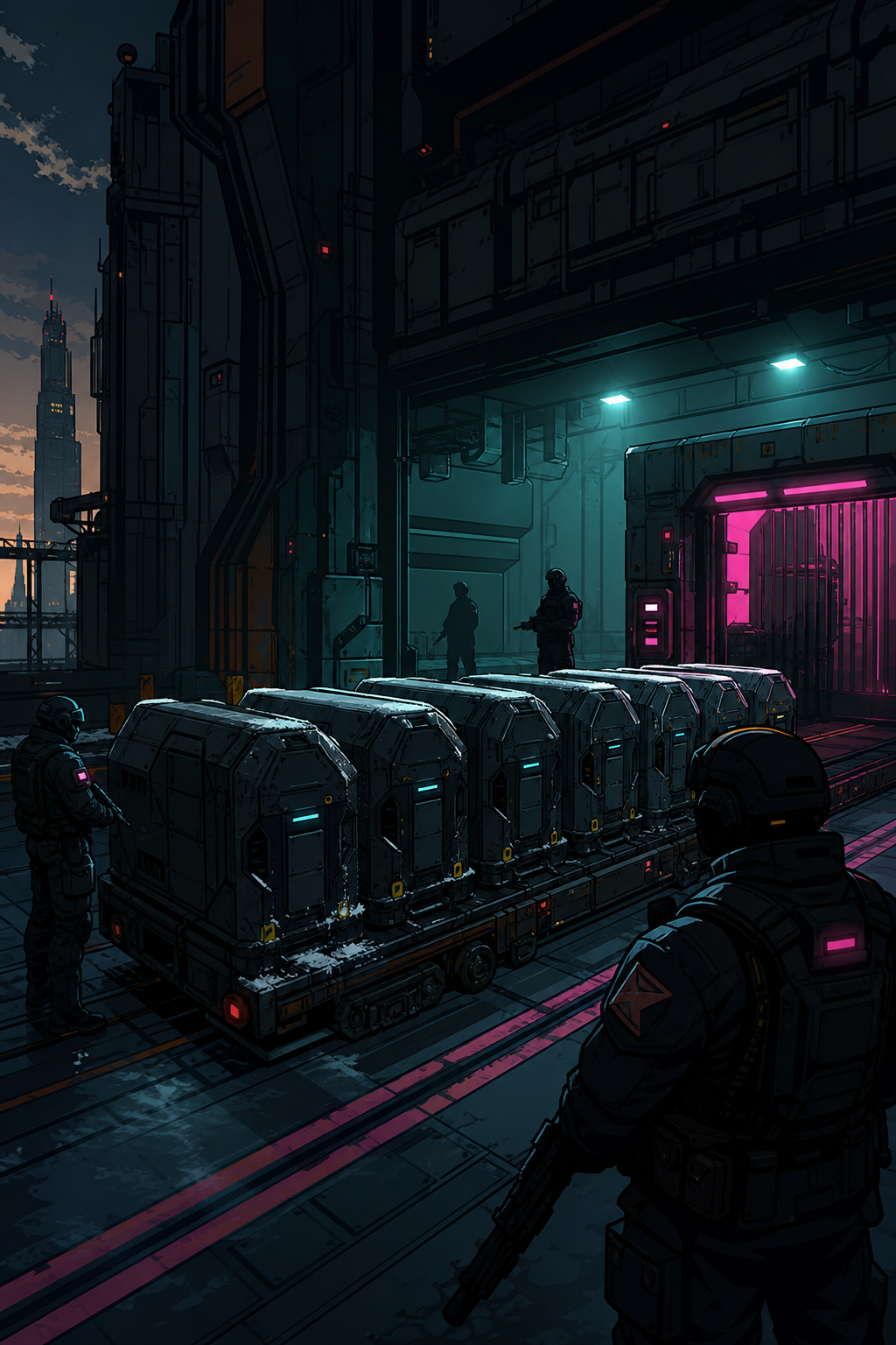 Meridian Spire Annex freight lock — sealed compute coffins on a night convoy under private security lamps