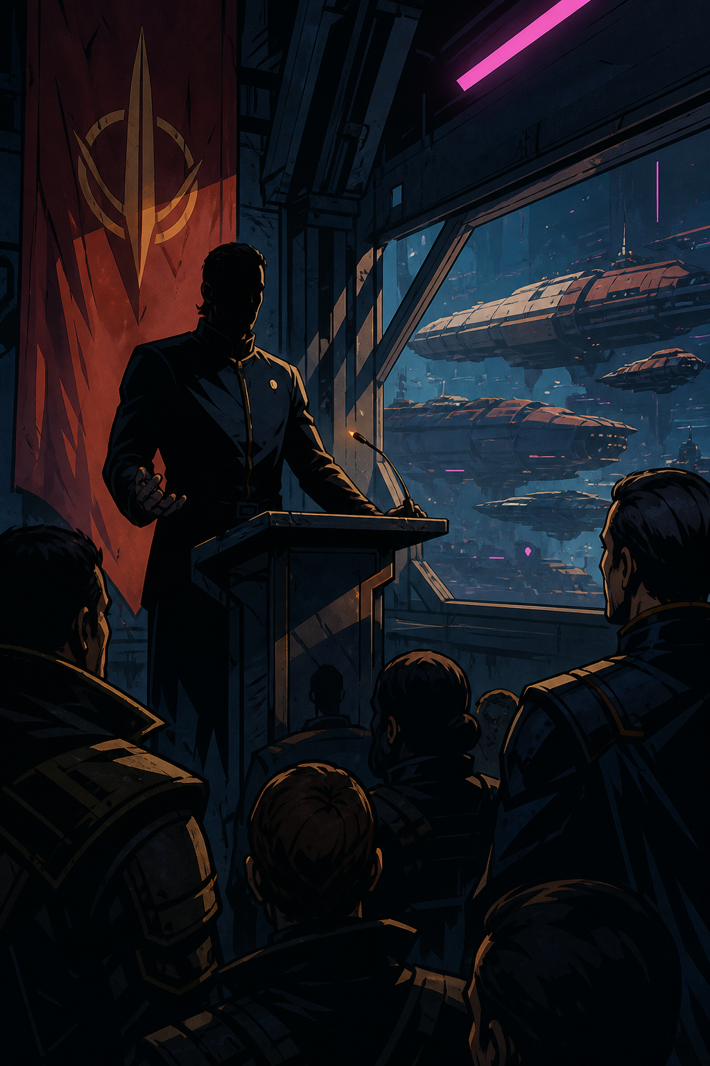 Bastion briefing bay — governor silhouette at lectern with Valemar belt-pin catchlight