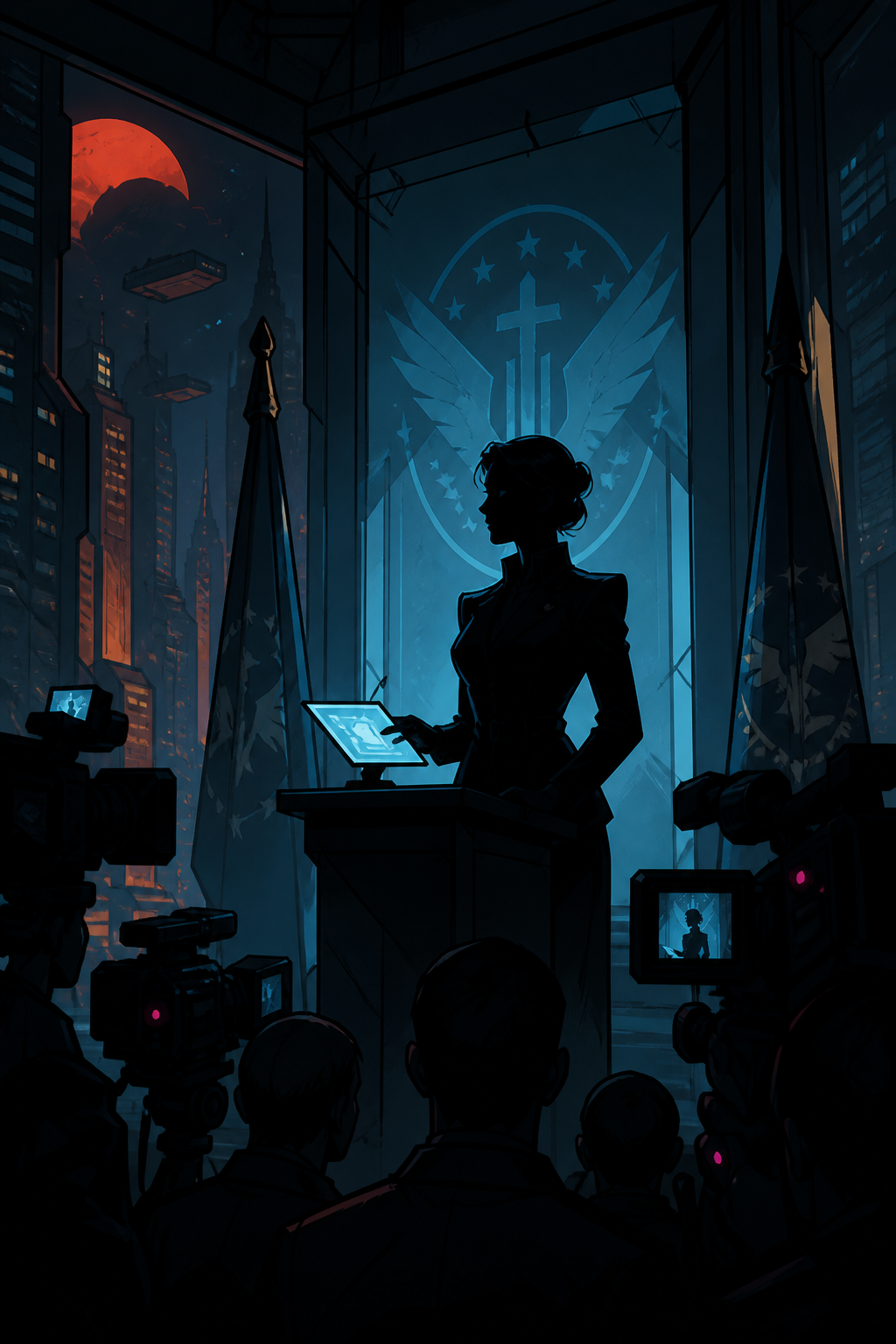 Sol Executive Plaza briefing — Ishikura at federal lectern with tablet, hard light
