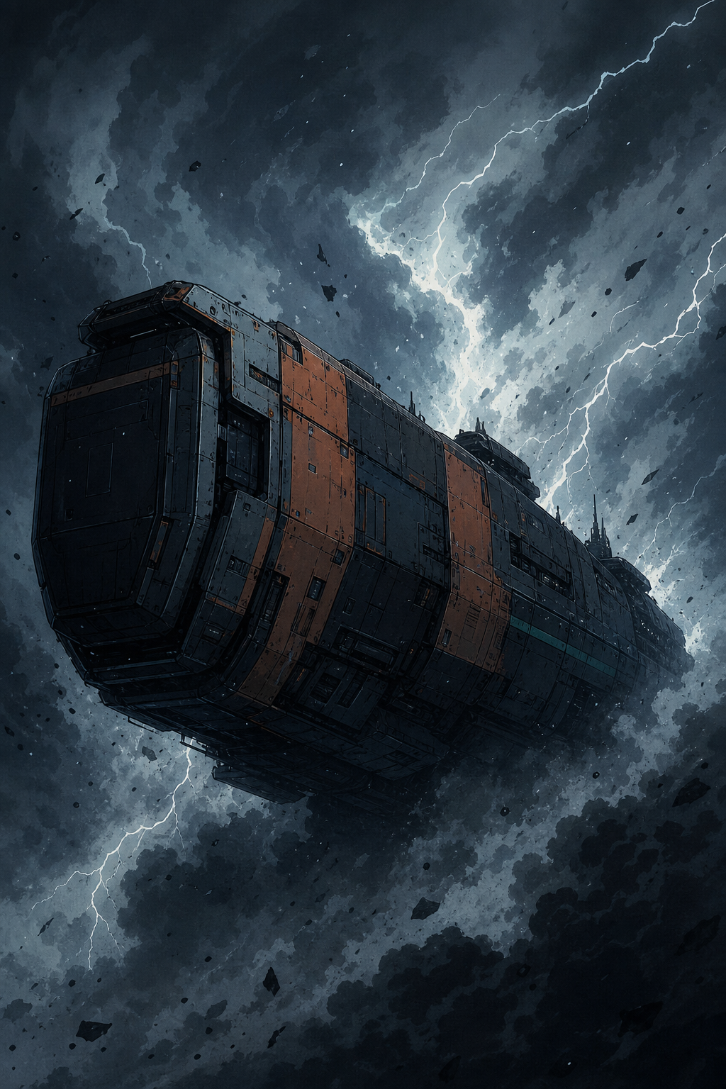 Khesret-IX scope composite — mid-heavy hull emerging from the storm band with running lights cold
