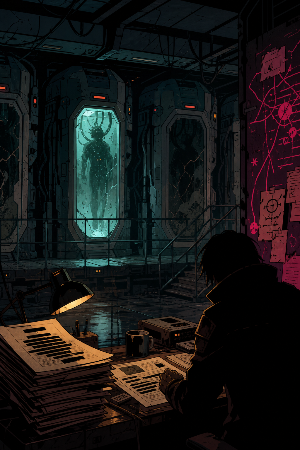 Nullroot dump still — immersion pods and a redacted desk dossier in a Spire annex lab at night