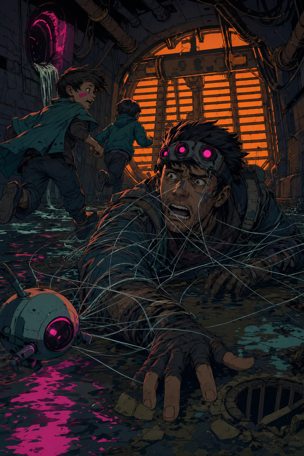 Cel-shaded wire still of a sewer crawl — softball fishing drone tangled on a panicked hunter while kids scatter