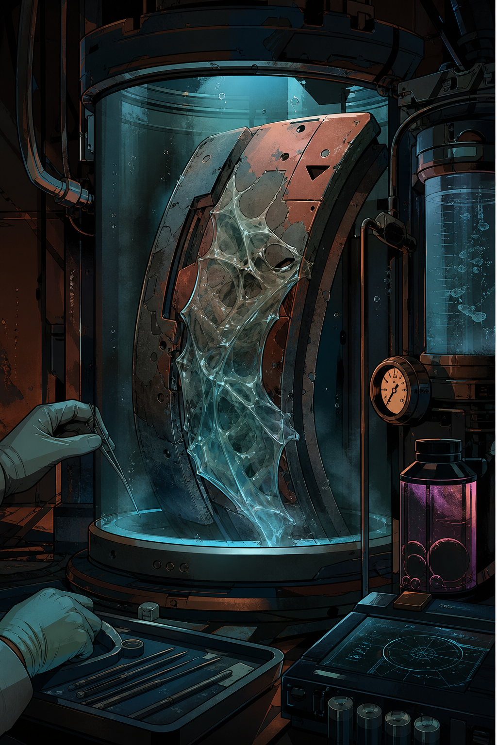 Reef-Spiral lab still — living biopolymer membrane sealing a cut in a hull liner sample under pressure