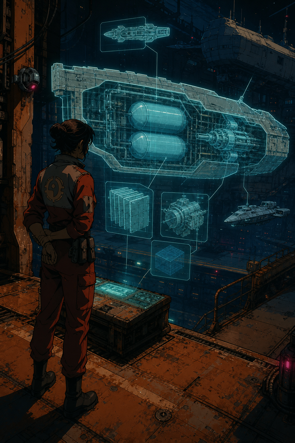 Registry inspector reviewing hydrogen bunker displacement hologram in orbital drydock