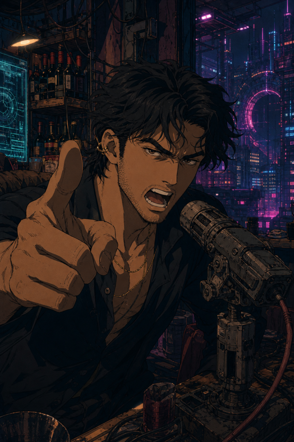 Jax Vesper mid-rant into a chunky loft mic — pointing at camera, wine rack and neon Spire night behind him