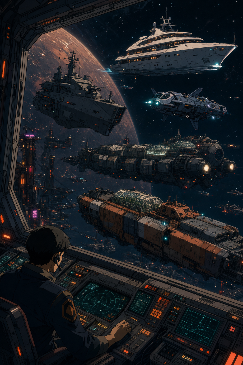 Orbital port view showing corporate yacht, military escort, survey scout, colony carrier, and civilian freighter