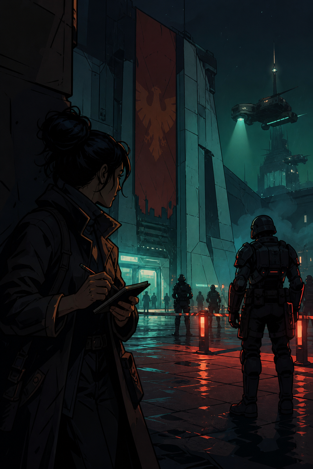 Vossaran mission annex plaza with imperial banner soft-focus and federal security cordon