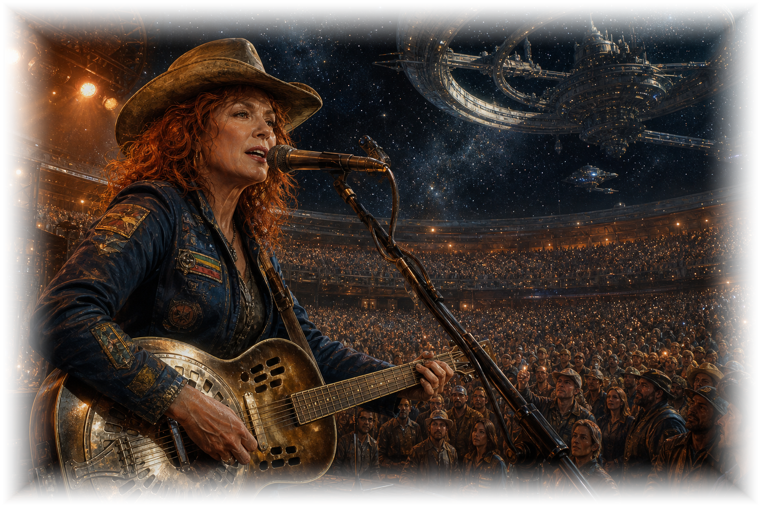 Maribelle Spoke on stage in a packed amphitheater under orbital night