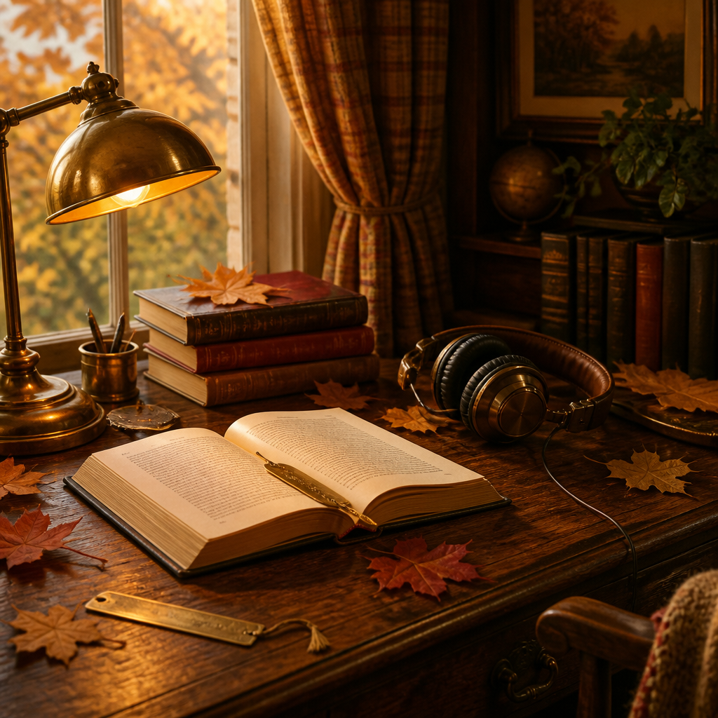 Autumn wood desk with brass lamp, books, and headphones