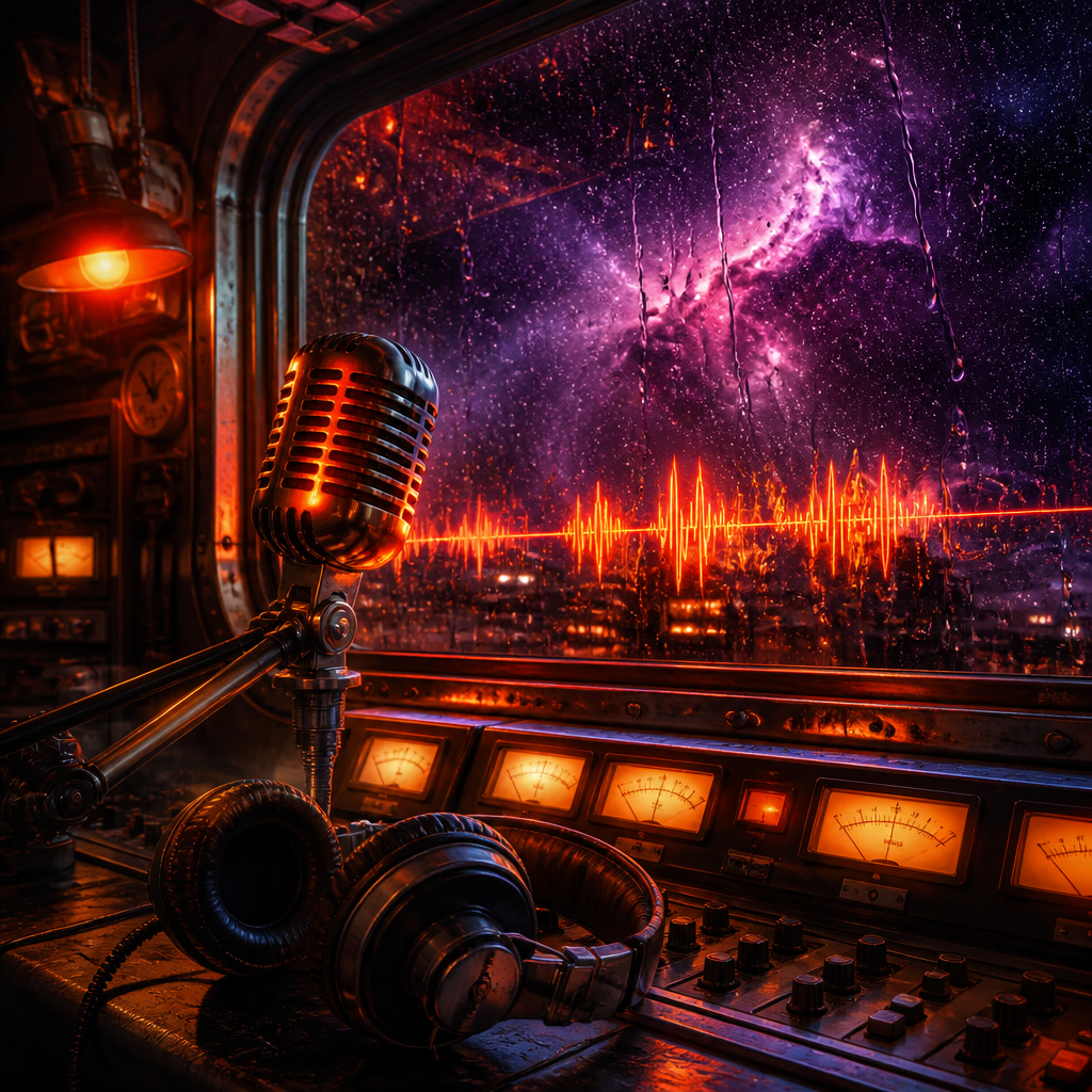 Late-night radio booth with warm meters and headphones