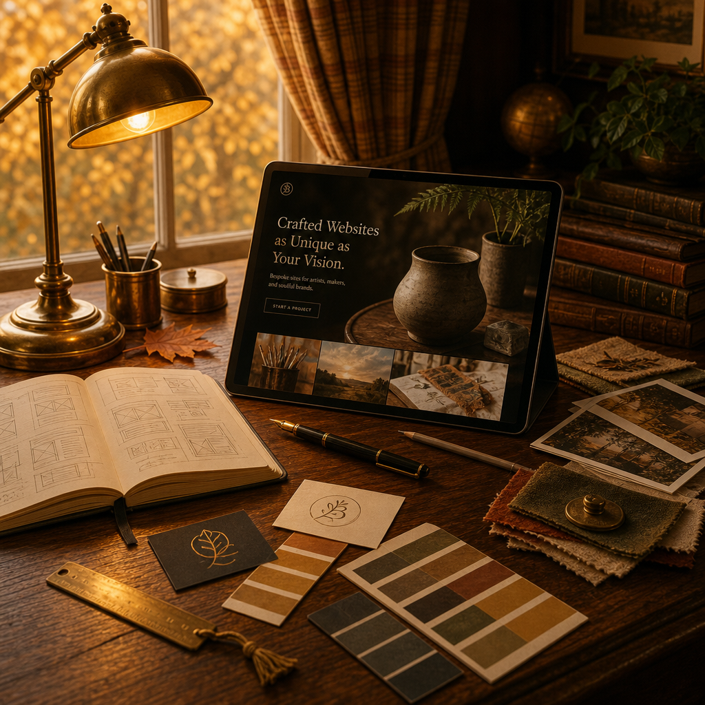 Web design desk with sketches, color swatches, and a custom site on screen