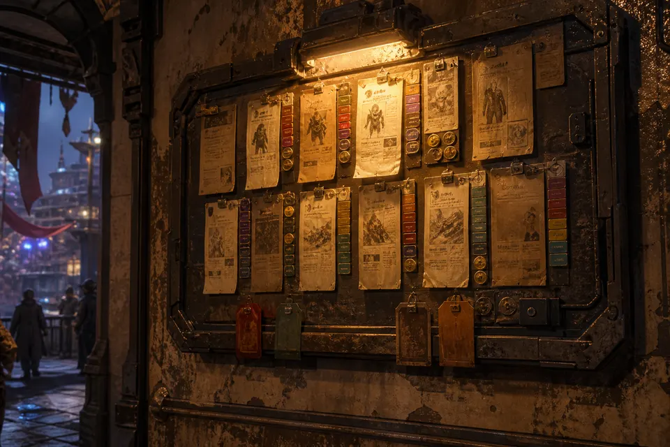Port corridor bounty board stacked with contract tickets
