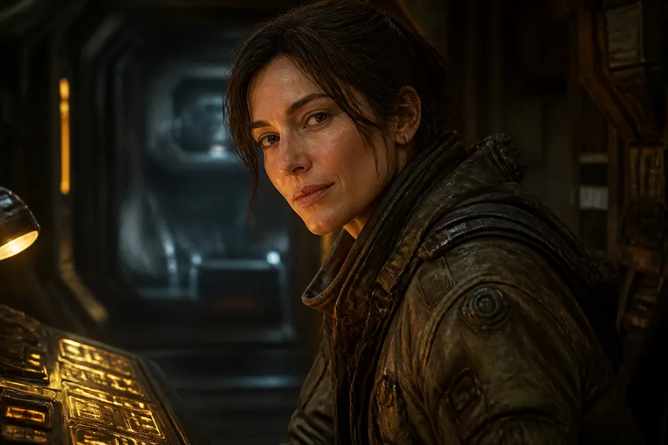 Portrait of a fictional spacer at a lit berth console