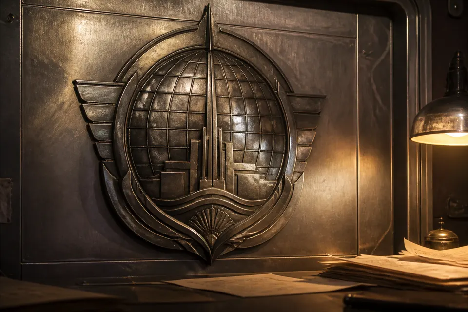 Raised metal organization seal plaque on an office wall