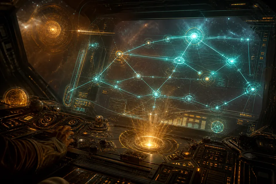 Pilot console showing a holographic gate-hop navigation chart
